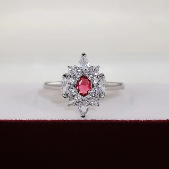 🔥LUXURY RUBY OLD MINE DIAMOND NOBLE SILVER SHINY FLOWER DAINTY RING, K920 - Picture 2 of 7
